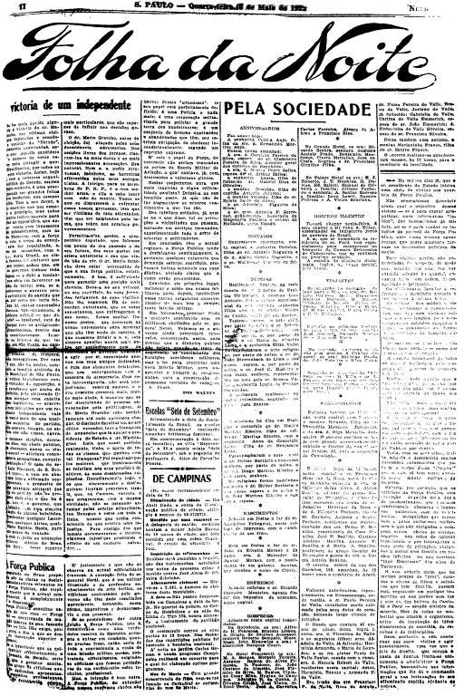 Primeira Página da Folha da Noite de 3 de maio de 1922