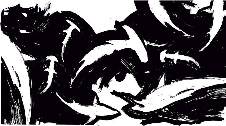 Sob um mar turbulento em nanquim preto, destaca-se a silhueta vazada em branco de um cardume de tubarões nadando em todas as direções, vistos de baixo para cima
