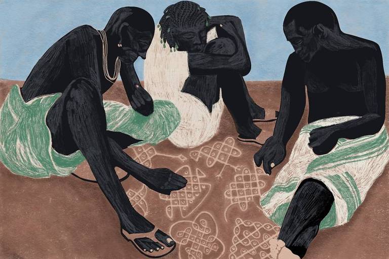 Arte ilustra pessoas negras com vestes típicas de países africanos. Elas estão sentadas no chão desenhando figuras geométricas chamadas Sona, tipicamente feitas na areia, que representam narrativas e outros conteúdos da matemática, originários do povo Tshokwe, do nordeste de Angola.