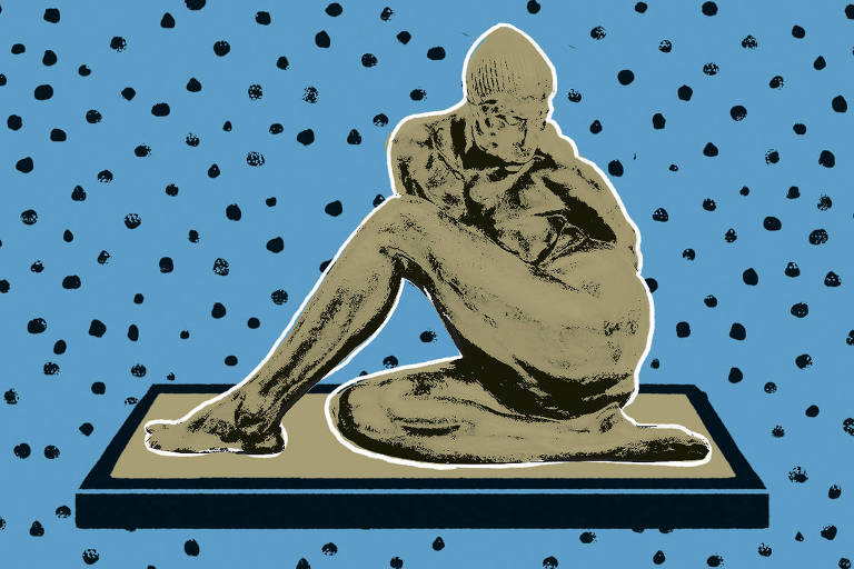 Ilustração que representa um estátua cinza com uma forma humana , sobre um fundo azul preenchido com bolinhas pretas