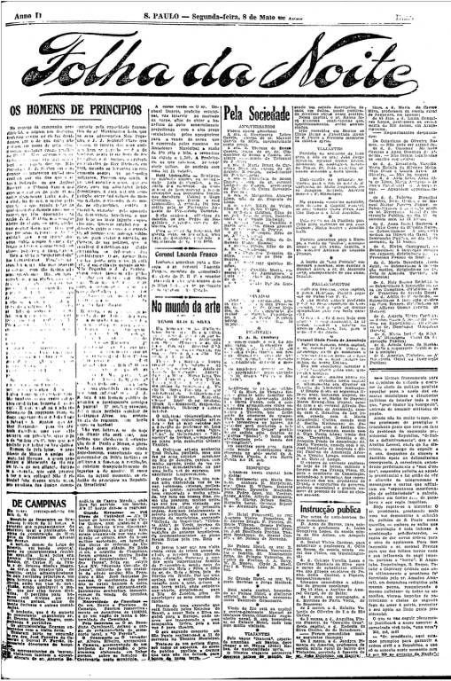 Primeira Página da Folha da Noite de 8 de maio de 1922