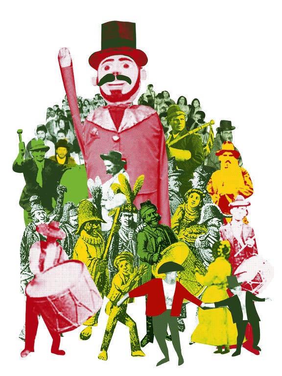 Ilustração que representa uma aglomeração de pessoas em fotos em tons de verde e vermelho e amarelo, em cujo centro se contra um boneco grande de cartola e com bigode