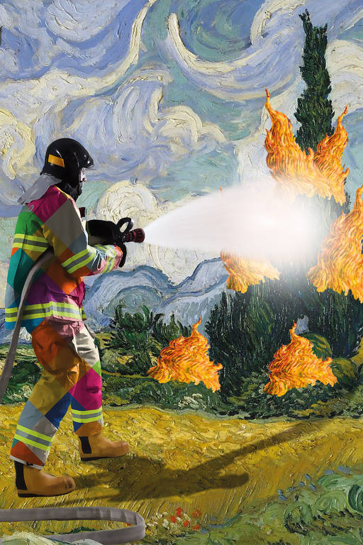 Bombeiro apaga incêndio, com traços da pintura de Van Gogh