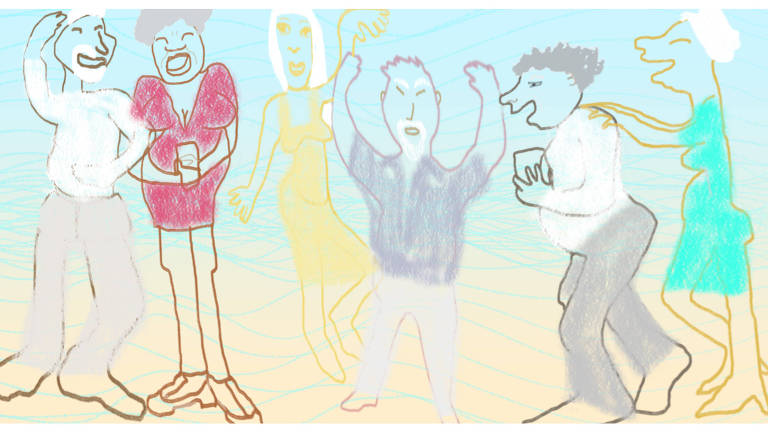 Ilustração que representa homens e mulheres dançando e sorrindo vestindo camisetas e vestidos desenhados com canetas coloridas