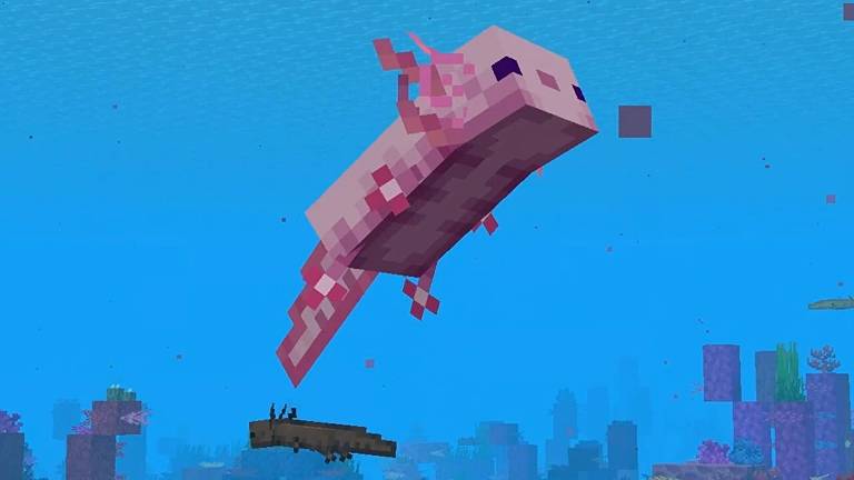 Imagem em 3D do animal Axolote. Fundo Azul e animal em rosa