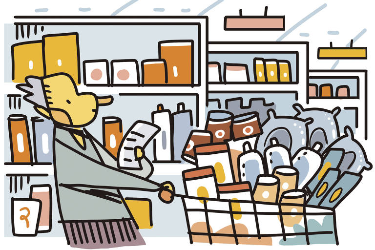 Na ilustração de Galvão Bertazzi vemos o interior de um mercado atacadista. Um cliente segura uma grande lista de compras enquanto empurra um carrinho de compras com muitos produtos iguais dentro.