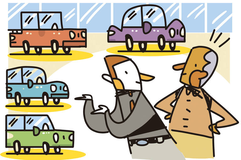 Na ilustração de Galvão Bertazzi tems um vendedor de carros oferecendo diversas opções de veículos , dispostos do lado esquerdo do desenho, para um cliente.