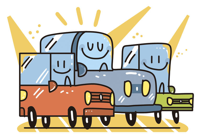 Na ilustração de Galvão Bertazzi vemos três carros um ao lado do outro. Parecem estar em destaque sob as luzes de holofotes. Eles tem feições humanas e sorriem.