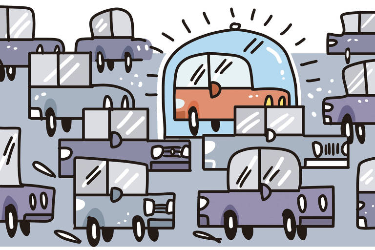 Na ilustração de Galvão Bertazzi vemos uma avenida engarrada. O trânsito é intenso e apena um veículo está protegido por uma redoma de vidro, se destacando dos demais.