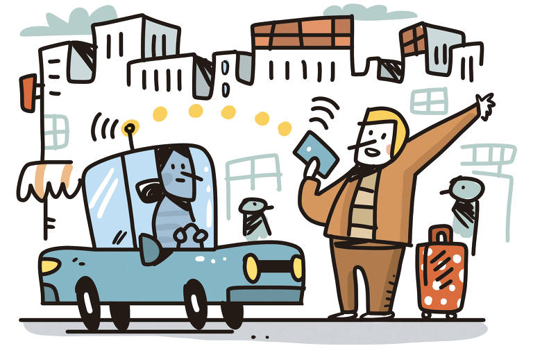 Na ilustração de Galvão Bertazzi, um rapaz com uma mala ao seu lado está segurando o celular e acena para um veículo que se aproxima. Dentro dele uma motorista sorri. Ao fundo temos a cidade e algumas pessoas circulando