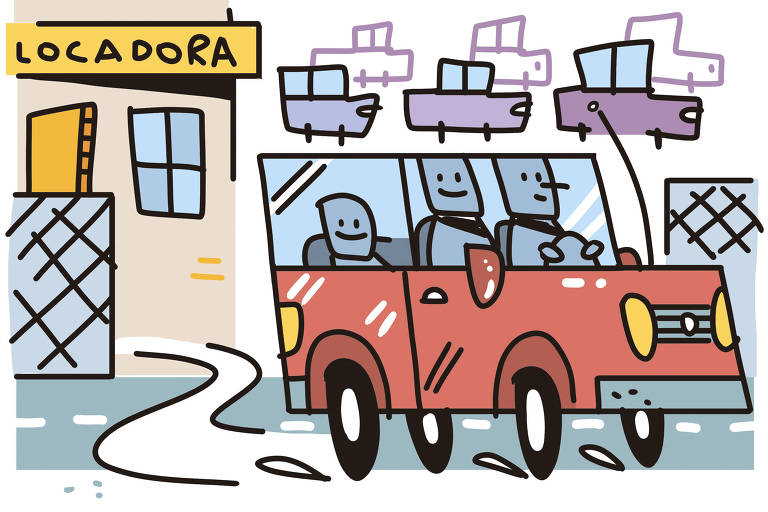 Na ilustração de Galvão Bertazzi vemos um carro saindo de uma locadora de veículos. Dentro dele uma família sorridente. Ao fundo vemos o pátio da locadora com vários carros expostos.