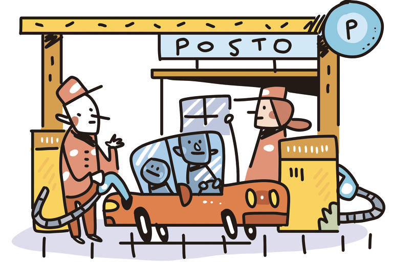 Na ilustração de Galvão Bertazzi vemos um frentista que abastece um carro num posto de combustíveis. Ele acena para uma criança sentada no banco de trás. O motorista do carro aguarda o abastecimento. Uma outra frentista circula pelo posto.