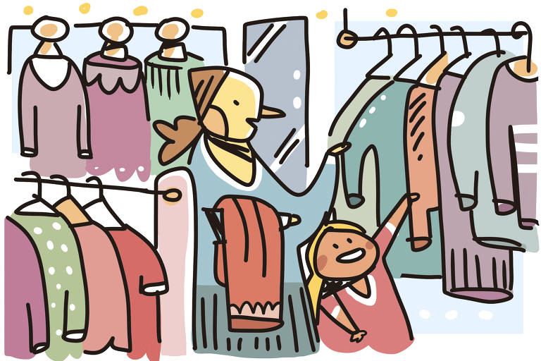 Na ilustração de Galvão Bertazzi vemos o interior de uma loja de departamento com muitas roupas expostas em cabides e manequins ao redor do desenho. Uma moça com uma criança estão escolhendo as peças de roupas penduradas.