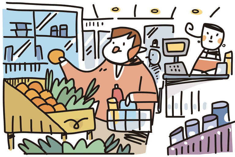 Na ilustração de Galvão Bertazzi vemos o interior de um mini mercado.  Uma garota está atrás do balcão de caixa. Um cliente escolha frutas e legumes enquanto segura uma cestinha. Ao fundo vemos refrigeradores com produtos dentro e um outro cliente circula pelo interior da loja.