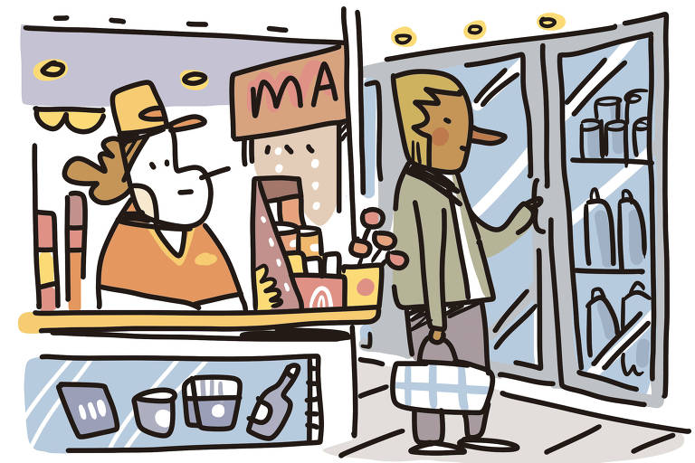Na ilustração de Galvão Bertazzi vemos o interior de uma loja de conveniências, Uma garota está atrás do caixa e no balcão diversos produtos estão dispostos. Um cliente está no interior da loja abrindo a geladeira para pegar alguma bebida.