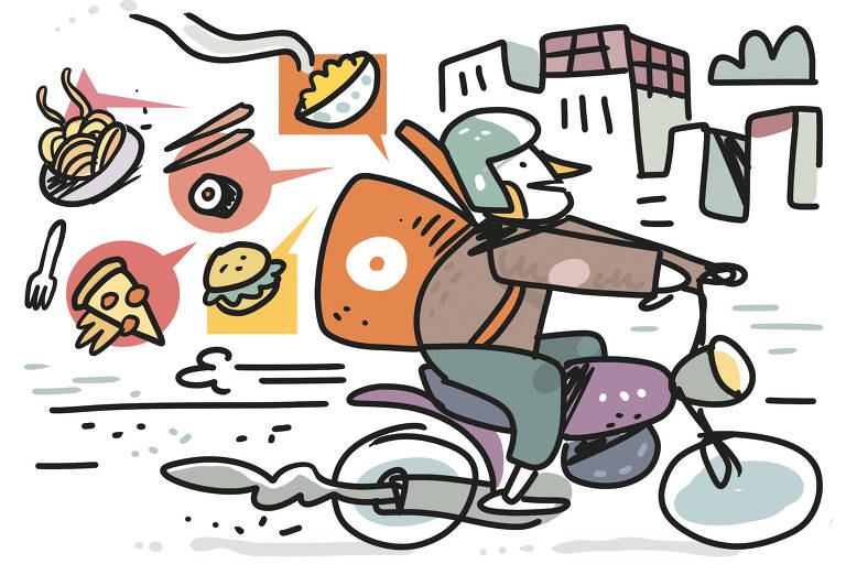 Na ilustração de Galvão Bertazzi vemos um motoboy  pilotando sua moto pelas ruas. Na sua grande mochilha ele carrega diversas refeições, indicadas atravéz de balões: macarrão, pizza, sushi, hambúrger e um risoto.