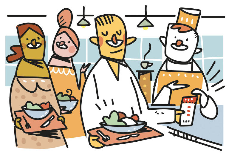Na ilustração de Galvão Bertazzi vemos uma fila de um restaurante por kilo. Um rapaz leva um prato cheio de comida numa das mãos enquanto entrega um vale alimentação  para um funcionário do estabelecimento. ATrás dele duas moças conversam sorridentes enquanto seguram seus pratos de comida.