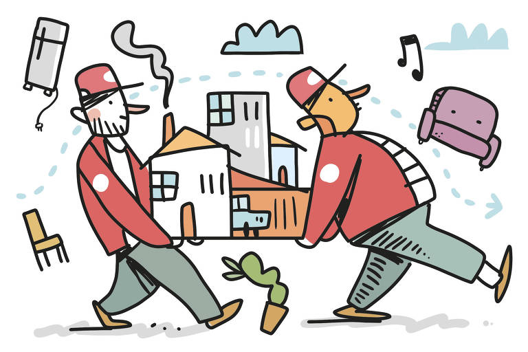 Na ilustração de Galvão Bertazzi vemos dois funcionários de um serviço de mudança carregando uma casa nos braços.Geladeira, sofá, um caso de plantas e uma cadeira estão espalhados pelo desenho.