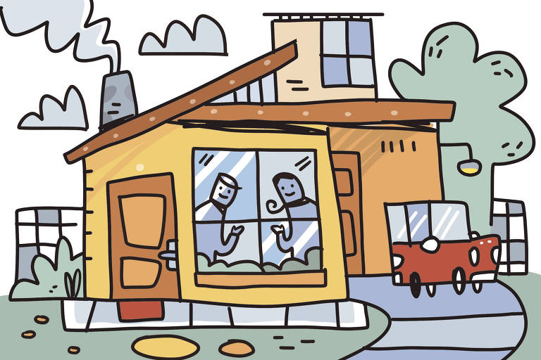 Na ilustração de Galvão Bertazzi temos uma casa vista de frente. Um belo jardim e garagem com um carro estacionado. Uma grande janela mostra o que parece ser um casal feliz. A grama é verde, o calçamento é perfeito e a chaminé exala fumaça.