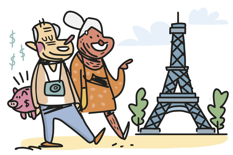 Na ilustração de Galvão Bertazzi vemos um casal de velhinhos passeando em frente à Torre Eiffel. O senhor exibe uma câmera fotográfica pendurada no pescoço enquanto segura um cofrinho de economias atrás de si. Ambos estão sorrindo.