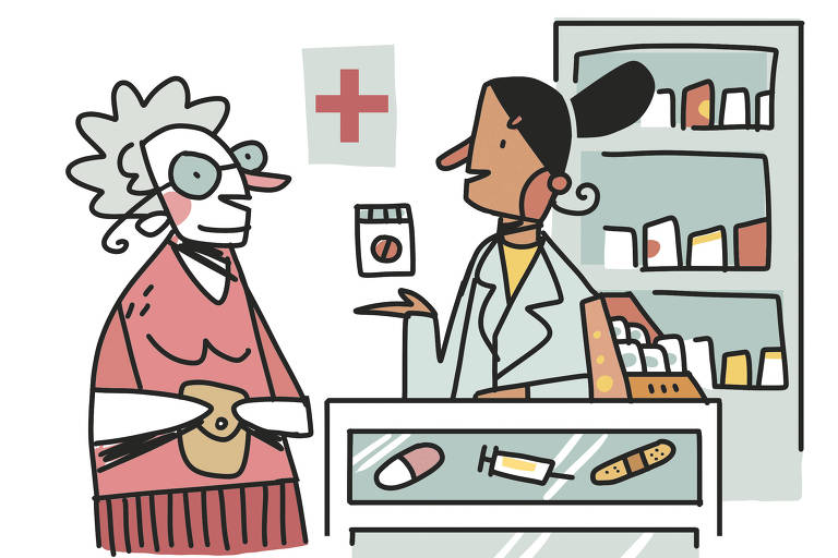 Na ilustração de Galvão Bertazzi vemos o interior de uma farmácia. Uma atendente está atrás de um balcão e entrega um medicamento para uma senhora que se aproxima. Vemos um quadro com a cruz vermelha na parede e prateleiras com os medicamentos.