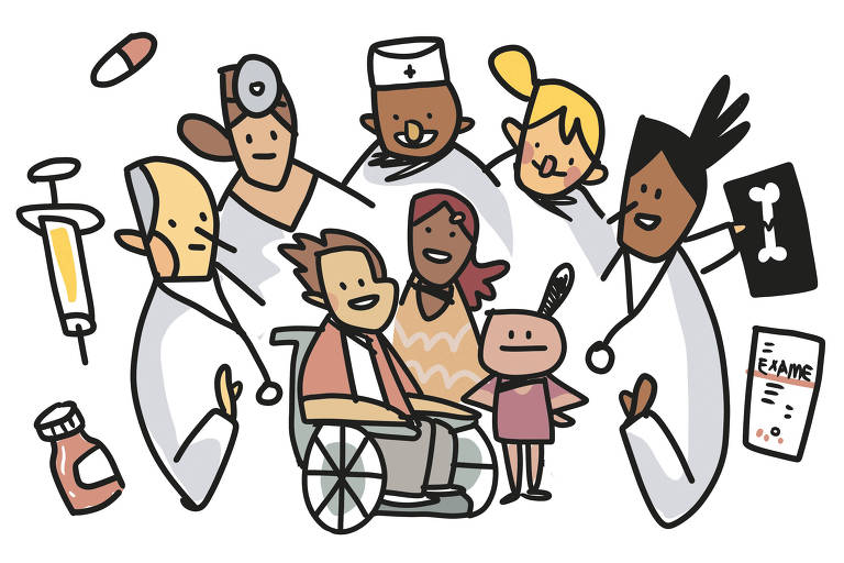 Na ilustração de Galvão Bertazzi vemos um rapaz sentado numa cadeira de rodas, uma mulher e uma menina lado a lado. Eles estão cercados por profissionais de saúde que os protegem e cuidam e do seu bem estar. Eles mostram remédios, vacinas, exames de saúde.