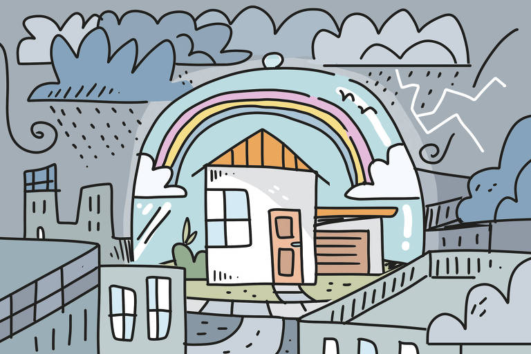 Na ilustração de Galvão Bertazzi vemos uma tempestade se aproximando da cidade. Uma única casa em destaque está dentro de uma redoma de vidro, protegida dos ventos, chuvas e raios.