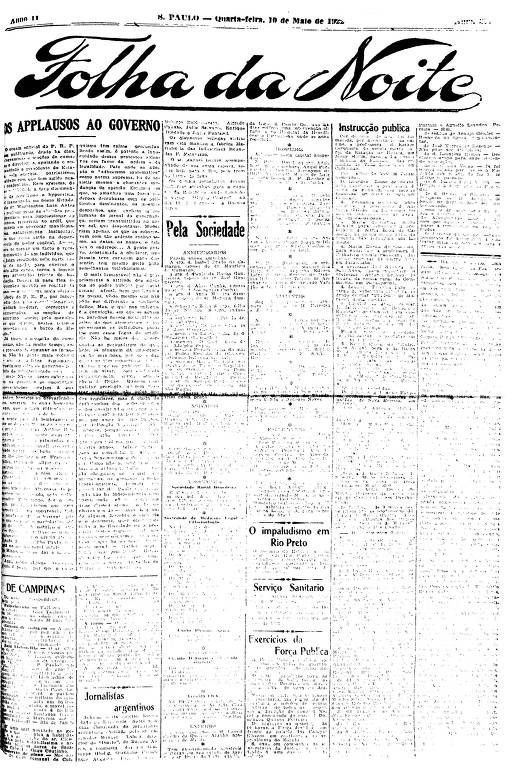 Primeira Página da Folha da Noite de 10 de maio de 1922