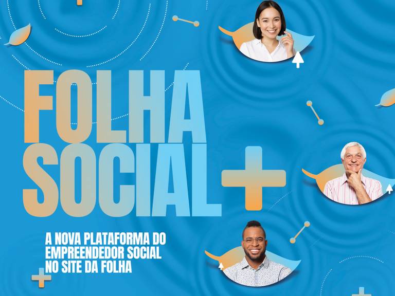 foto azul com três pessoas e dizeres Folha Social+