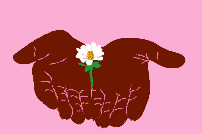 Na ilustração, de fundo rosa claro, aparecem duas mãos negras, abertas e com uma rosa branca entre elas