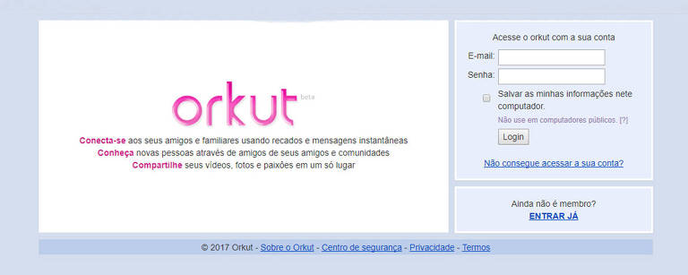 Print de tela do computador mostra a página de login da antiga rede social Orkut. A interface é azul clara, com "orkut" escrito em roxo no centro, e os campos de usuário e senha na parte direita