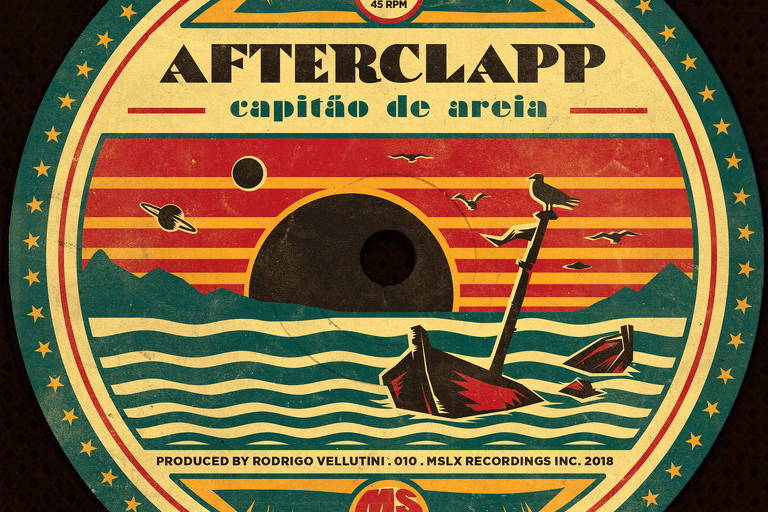 Reprodução de capa de música onde se lê  Afterclapp - capitão de areia, com desenho de sol, mar e barco