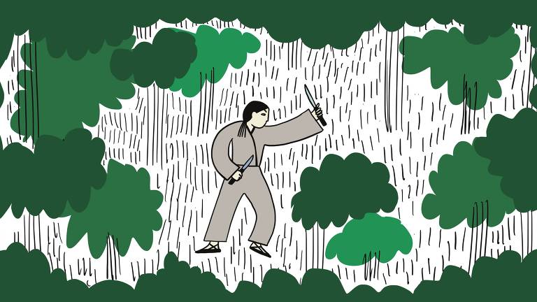 Ilustração em que é representado um desenho de um homem de quimono branco segurando uma faca em cada mão, rodeado por árvores e arbustos verdes