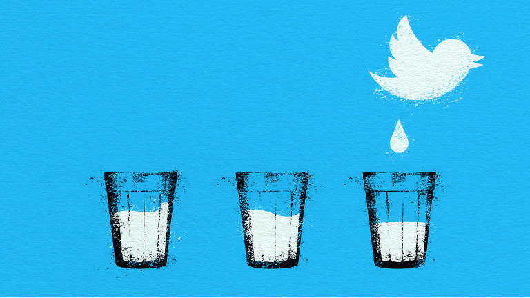 A ilustração de Adams Carvalho, publicada na Folha de São Paulo no dia 01 de Maio de 2022, mostra o desenho de um pássaro, símbolo do aplicativo Twitter, soltando uma gota de fezes branca dentro de um copo americano posicionado ao lado de outros dois copos também contendo um líquido branco