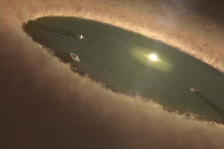 Concepção artística retrata formação de um sistema planetário, moldado pela dissipação do disco de gás, de dentro para fora