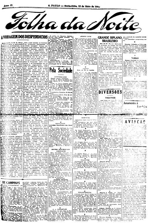Primeira Página da Folha da Noite de 12 de maio de 1922
