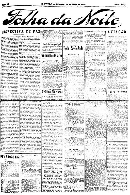 Primeira Página da Folha da Noite de 13 de maio de 1922