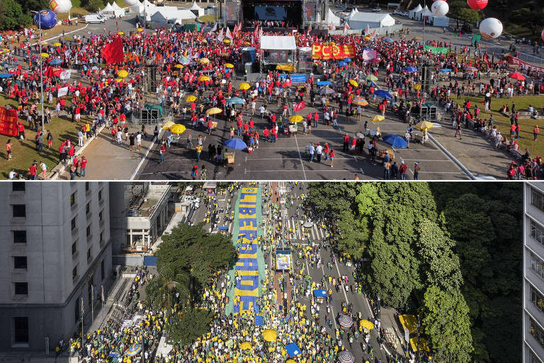 Manifestantes pró-Lula (acima) e pró-Bolsonaro (abaixo) se reúnem no 1º de Maio em SP
