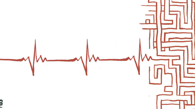 Linha vermelha e ziguezagueada de um eletrocardiograma, depois do terceiro batimento, converte-se em uma linha reta, que desemboca em um labirinto sem fim