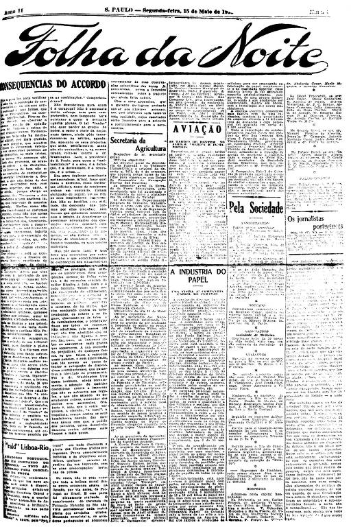 Primeira Página da Folha da Noite de 15 de maio de 1922