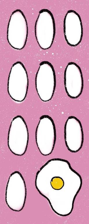 Ilustração que representa três colunas com fileiras de formas ovais brancas sobre um fundo rosa, sendo que a última forma do canto inferior direito é um ovo 
