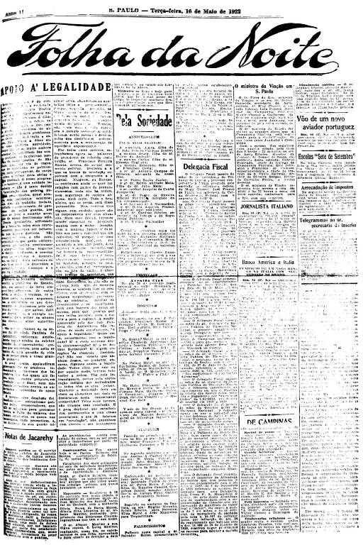 Primeira Página da Folha da Noite de 16 de maio de 1922