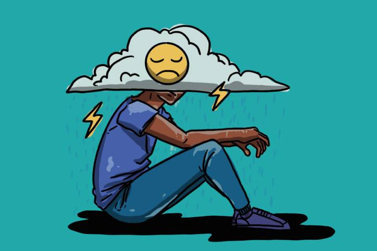 Ilustração de jovem sentado com uma nuvem pairando sobre a cabeça