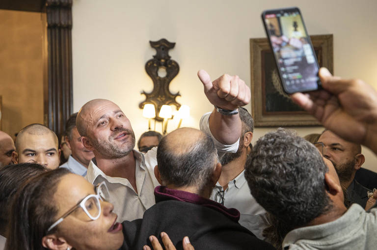 O deputado Daniel Silveira durante evento do PTB em São Paulo
 