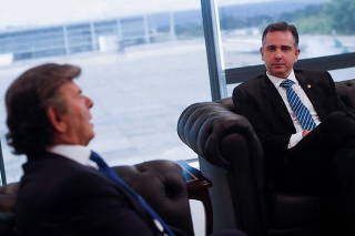 Brazil's Supreme Federal Court President Luiz Fux talks with  President of Brazil's Senate Rodrigo Pacheco during a meeting at Brazil's Supreme Federal Court