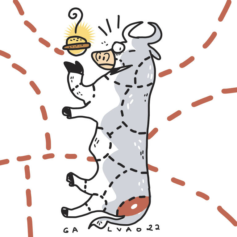 Na ilustração de Galvão Bertazzi, vemos um boi com os cortes de carne estampados em seu couro. O pedaço de picanha está faltando. Ele segura um hambúrger na mão enquanto esboça uma expressão de desconfiado. No fundo do desenho vemos linhas serrilhadas, representando cortes de carne bovino