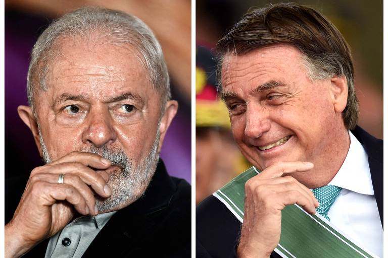 Colagem de imagem com Lula com os dedos próximos ao bigode e à barba e com um olhar de lado e de Bolsonaro com a mão próxima ao queixo e sorrindo com o rosto virado para o lado.