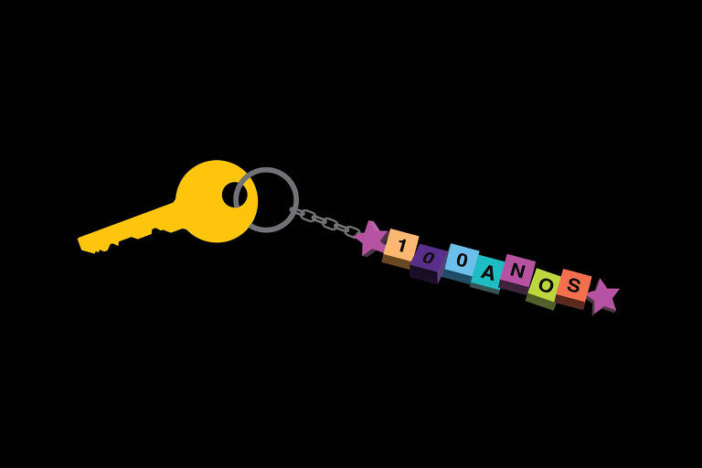 A ilustração mostra uma chave em um chaveiro de miçangas com cucinhos coloridos e estrelas rosas nas pontas formando as palavras 100 anos
