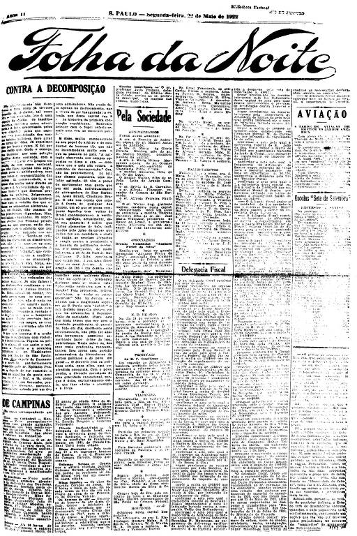 Primeira Página da Folha da Noite de 22 de maio de 1922