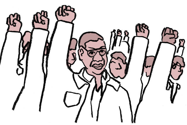 Ilustração com homens de jaleco branco em uma suposta manifestação do povo